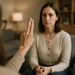 A therapist's hand holding up two fingers at eye level during an EMDR therapy session, with a female client in a cream cardigan sitting across and focusing on the fingers in a warm, professional counseling office setting