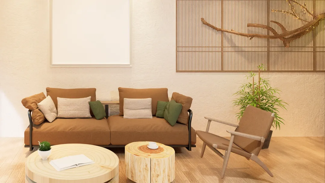 A brown couch with a chair and two cut stumps for tables in a lightly painted room